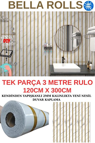 Renkli Duvarlar 120cmx300cm Tek Parça Yapışkanlı Rulo Gold Çizgili Mermer Desenli Duvar Paneli Kağıdı Tuzla Qm0136