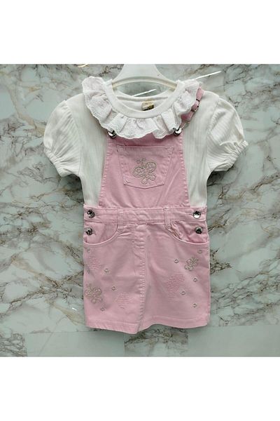 XORVİO Girl Pink Color Butterfly Pattern Dress with Pocket 2-Piece Set Short Sleeve T-Shirt Adjustable Strap Salopet