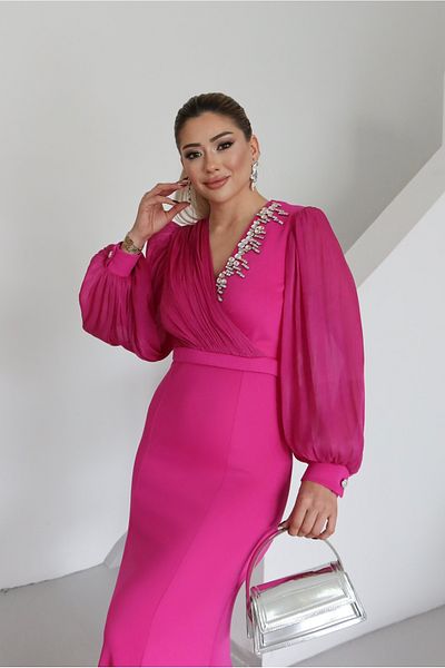 1Moda1Tarz Γυναικείο Ειδικό Σχεδιασμένο Φόρεμα με Εισαγόμενο Scuba Crepe υφασμάτινο μανίκια και σιφόν στήθος με επένδυση από πέτρα