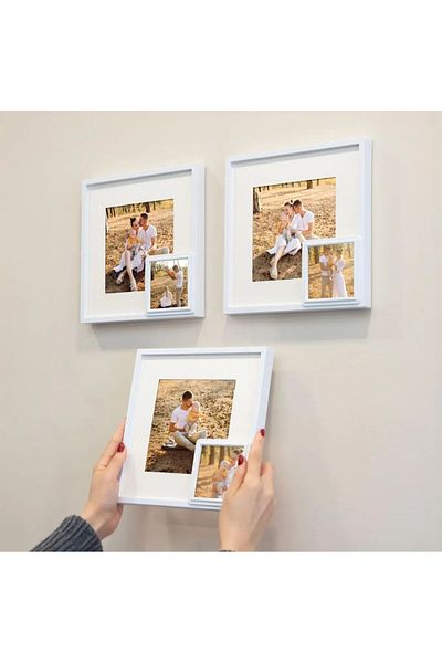 LİFE GLOBAL White 21X21Cm Square Photo Frame with Adhesive Puppy Detach and Paspart - Pack of 3