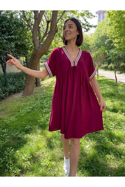 Hazinedan Mini Size V-Neck Ribbed Detailed Summer Dress