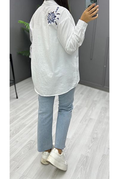 studio fashion 1988 Women's Striped Flower Embroidery Detailed Perforated Wide Fit Oversize 100% Cotton Shirt