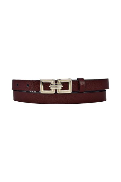 GoDeri 100% Genuine Leather, Silver Buckle Thin 2 cm Claret Red Women's Dress, Trouser Belt; Square+Square