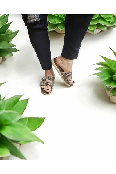 AkınalBella Natural Stone Detailed Double Buckle Comfortable and Stylish Home and Outdoor Slippers