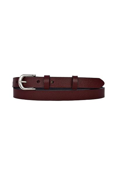 GoDeri 100% Genuine Leather, Thin 2 cm Burgundy Women's Belt with Silver Buckle; Dress Belt, Trouser Belt_Düz