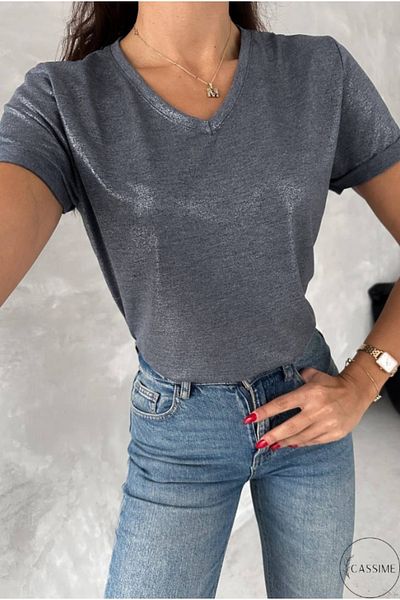 Cassime Women's Gray Metallic Shiny V-Neck Plain New Season T-Shirt