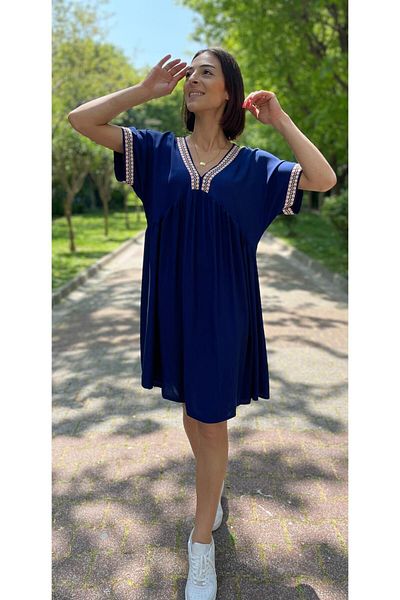 Hazinedan Mini Size V-Neck Ribbed Detailed Summer Dress