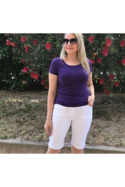 ZY BUTİK White Plus Size Elastic Waist Slim Gabardine City Boy Denim Shorts