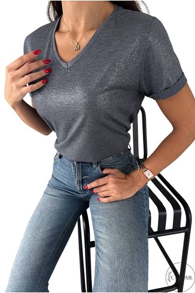 Cassime Women's Gray Metallic Shiny V-Neck Plain New Season T-Shirt
