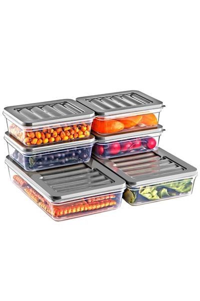 Ginza Maison Freshbox Set For Food, 6 Boxes With Lids (4X600 ML, 2X1200 ML), Transparent With Grey Lid