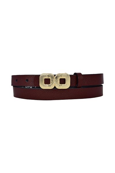 GoDeri 100% Genuine Leather, Thin 2 cm Claret Red Women's Belt with Gold Color Buckle; Dress, Trouser Belt_Gözkar