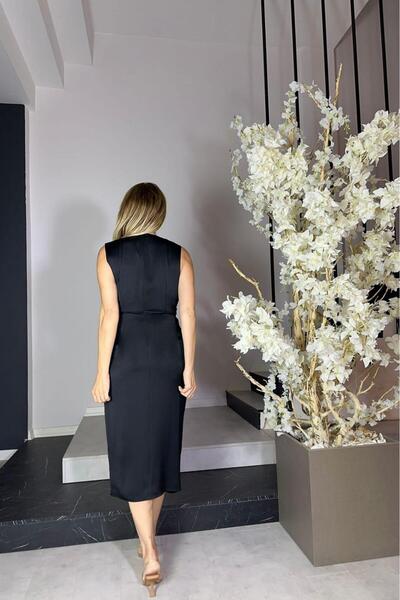 gesmoda G1207 Satin Designer Dress with Drape and Belt Detail Black