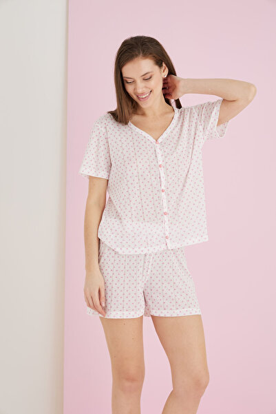 ELİTOL Jakarlı Viskon V Yaka Düğmeli Şort Takım