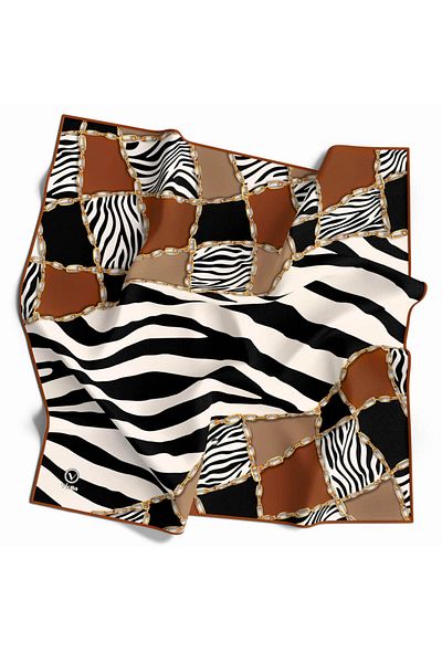 VİOLLA Tan Colorful Twill Chain and Zebra Print 90X90 Silk Free Scarf