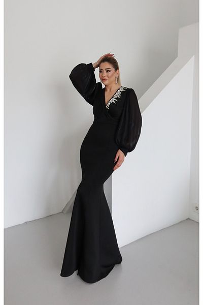 1Moda1Tarz Γυναικείο Ειδικό Σχεδιασμένο Φόρεμα με Εισαγόμενο Scuba Crepe υφασμάτινο μανίκια και σιφόν στήθος με επένδυση από πέτρα