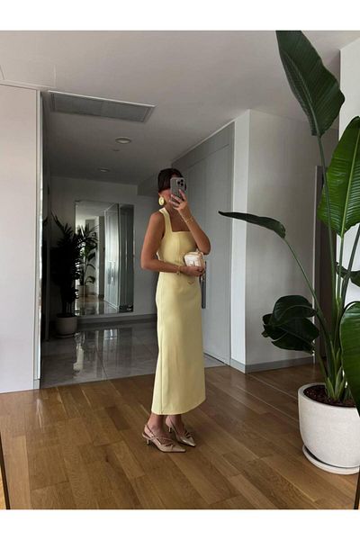 maf collection Women's Yellow Halter Neck Strap Midi Evening Dress with Back Slit Detail Graduation Dress