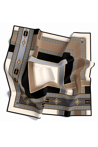 VİOLLA Γκρι μαντήλι Twill - 90x90, Χωρίς μετάξι, Αντίκες μοτίβο και χρυσή λεπτομέρεια