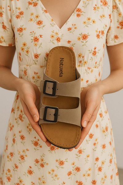 GEZER Beige Nubuck Leather Sole High Sole Buckle Slippers