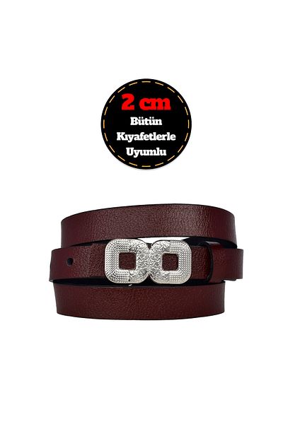 GoDeri 100% Genuine Leather, Silver Buckle Thin 2 cm Claret Red Women's Belt; Dress Belt, Trouser Belt_Gözkar