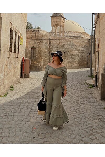 Flow Haki Fırfırlı Keten Bluz Ve Pantolon Takım