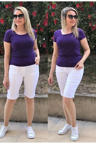 ZY BUTİK White Plus Size Elastic Waist Slim Gabardine City Boy Denim Shorts