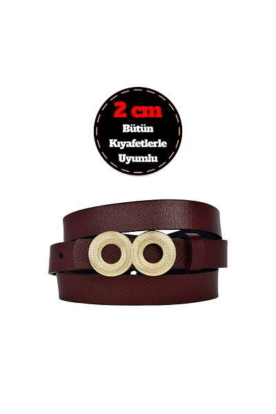 GoDeri 100% Genuine Leather, Thin 2 cm Claret Red Women's Belt with Gold Color Buckle; Dress, Pants Belt_Gözovr