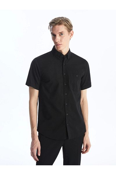 LC Waikiki Lcwaikiki Classic Black Regular Fit Short Sleeve Linen Blend Men's Shirt