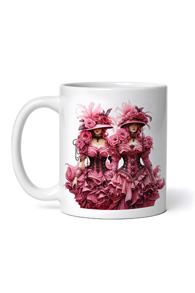 OEM Εξατομικευμένη Λευκή Κούπα, Δίδυμες με Ροζ Φορέματα, Inovatix®. 330ml