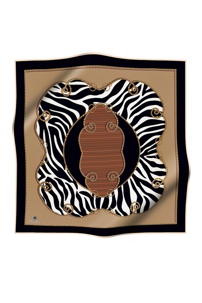 Vissona 100% Twill Silk Chain and Zebra Print Beige - Black Color 90X90 Scarf Planting Shape : Hand Sewn