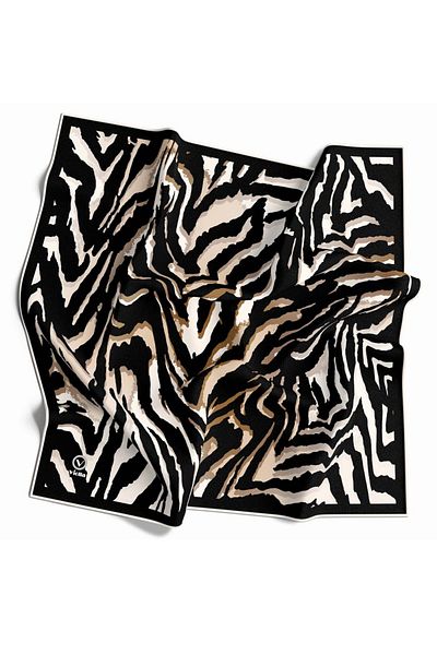 VİOLLA Beige and Black 90X90 Scarf with Zebra Print - Silk Free, Hand Stitched