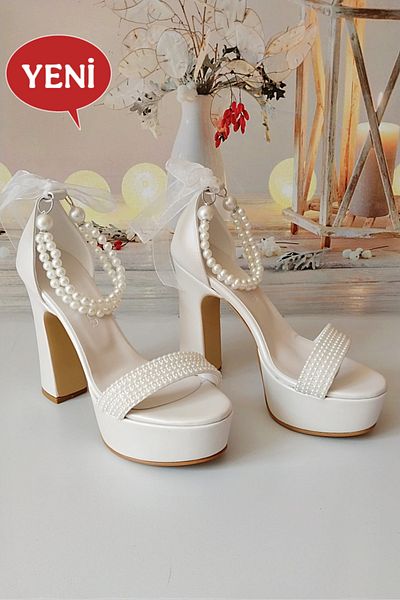 Modavien Women's 13 cm Platform Ecru Ankle Pearl Bridal Shoes
