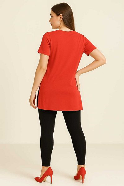 gigigiyim V-Neck Side Slit Viscose Fabric Women's T-Shirt Red
