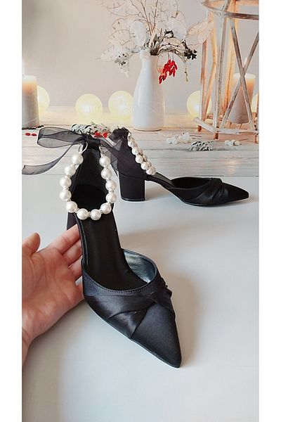 Modavien Women's 5 cm Black Special Design Bridal Shoes with Pearls