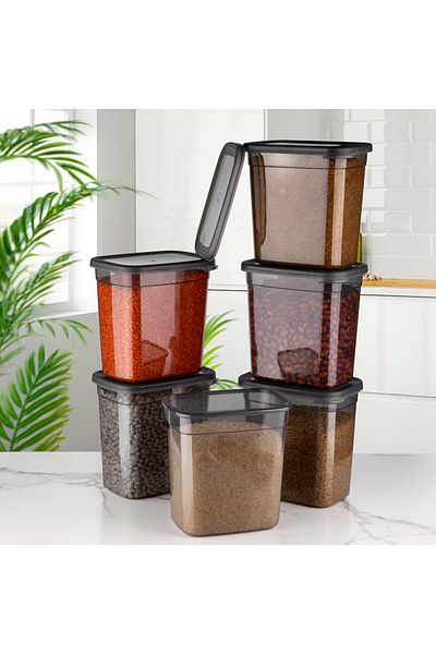 Ginza Maison Set of 6 Jumbo Food Boxes (6X2000 ml), Transparent Anthracite, with 24 self-adhesive gift labels