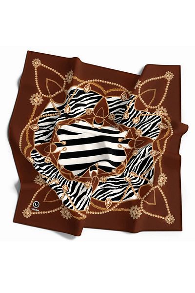 VİOLLA Tan Zebra Print Twill Gold 90X90 Scarf - Silk Free, Hand Stitched