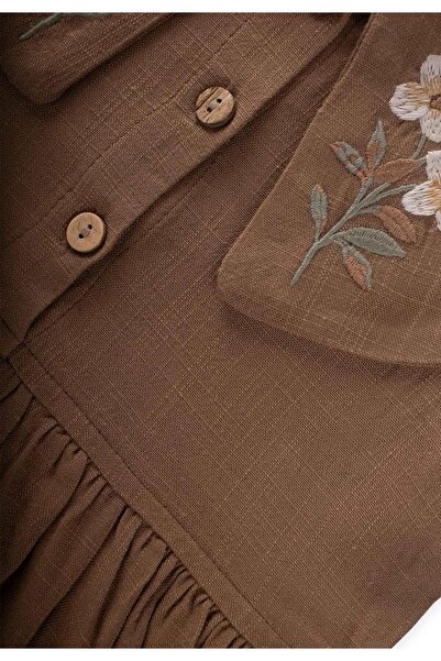 Cigit Embroidered Roba Collar Linen Dress 2-7 Years Caramel