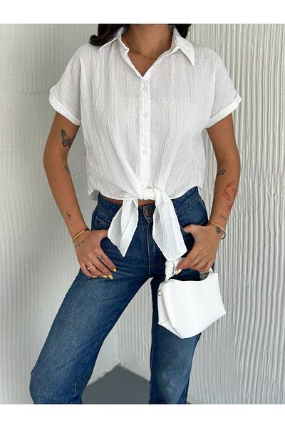 YAKAMOZ34BUTİK Front Tie Seersuite Fabric Shirt