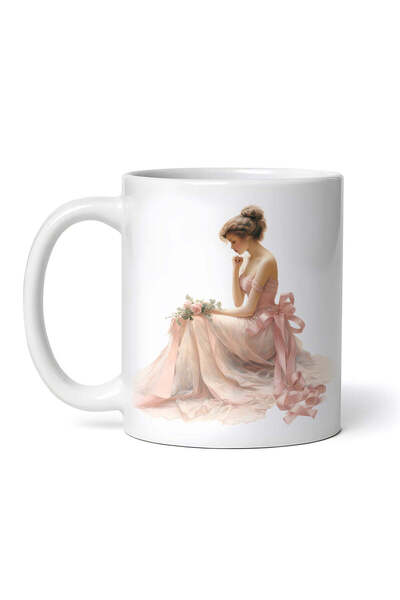 OEM Personalized white mug, Woman in pink vintage dress with satin bow, INOVA...