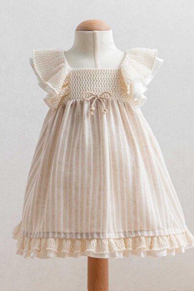 Tongs Baby KURDELE DETAYLI ÇİZGİLİ %100 PAMUKLU KIZ BEBEK ELBİSE