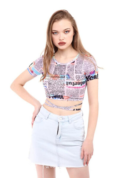 FashionForYou Top scurt Lindy, cu spate gol si snur, Letter