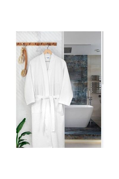 VİLERA HOME Hotel Series Unisex Waffle Pattern White Pique Bathrobe