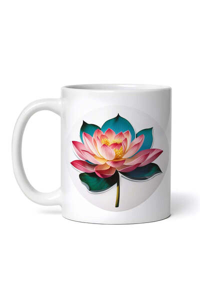OEM Cană albă personalizată, floare de lotus cu frunze, INOVATIX®. 330ml