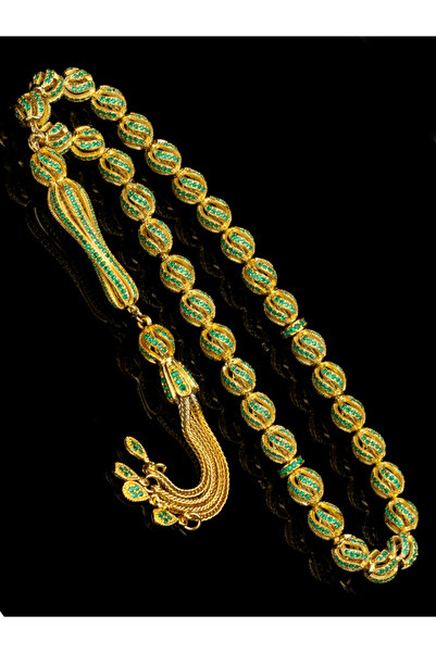 EHİNOS Sertifikalı Altın Kaplama Gümüş Tespih 7.5x9mm 40Gr Beyzi Kesim