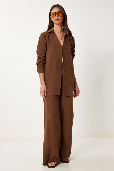 Lovelyİstanbul Linen Muslin Shirt Pants Suit Brown Lcr0078