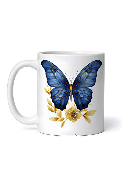 OEM Cană albă personalizată, Fluture albastru cu flori aurii, INOVATIX®. 330ml