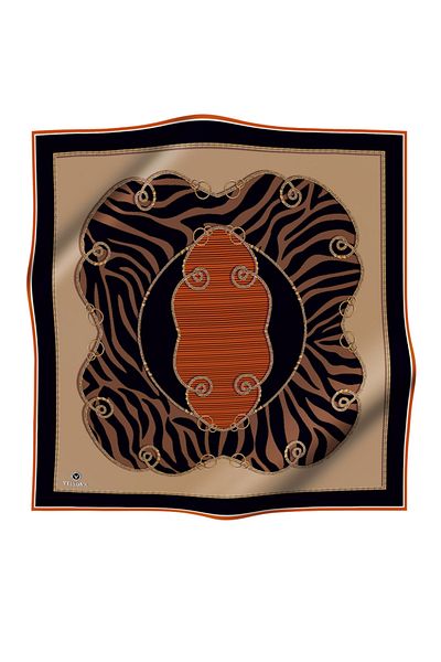Vissona Tan and Beige 100% Twill Silk Chain and Zebra Print 90X90 Scarf - Hand Stitched