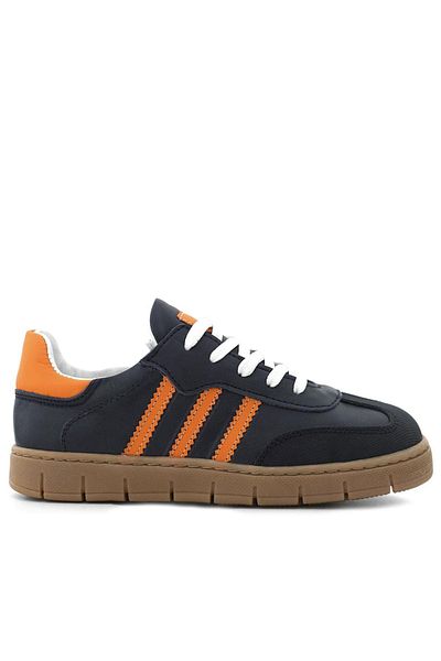 hapshoe Genuine Leather Navy Blue Orange Lace up Zippered Children's Sneakers Shoes