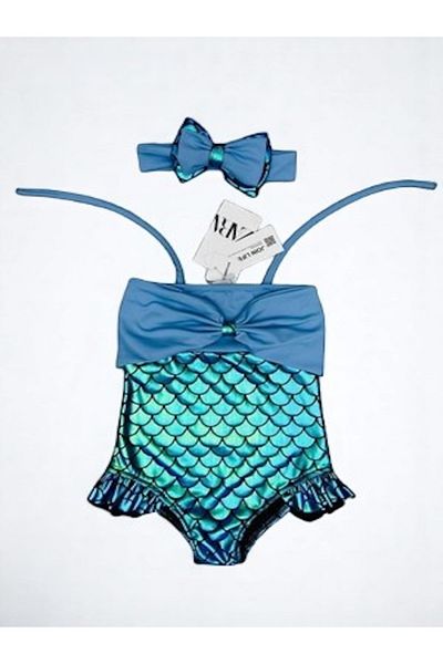 MİLAYS LİFE HOME COLLECTİON Turquoise Buckle Fish Model Swimsuit for Girl - Neck Tie