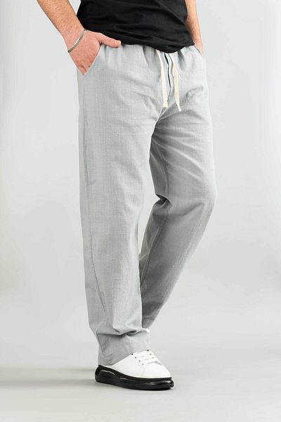 bombe Men's Gray Linen Trousers Elastic Waist Cotton Casual Pants