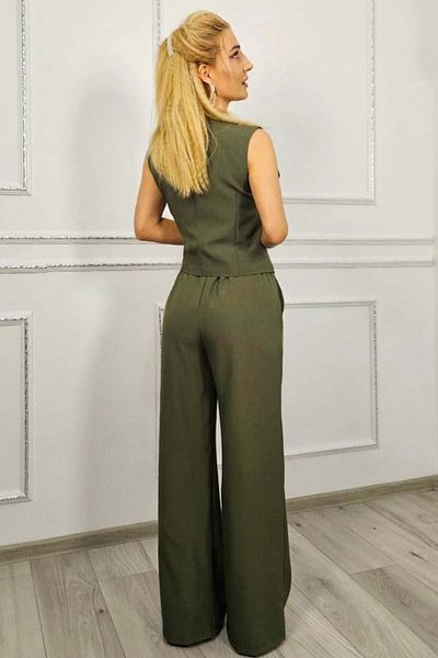 FashionForYou Costum business VORIA, cu pantaloni bufanți și vestă asimetrică, Kaki, Mărime S/M